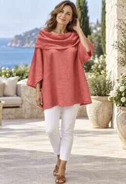 La Fixsun Women M Coral 100% Linen Cowl Neck Lagenlook Tunic Top Made USA